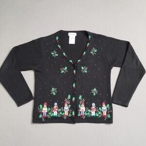 Vintage BP Design Christmas Cardigan Sweater Nutcracker & Holly Embroidered SM